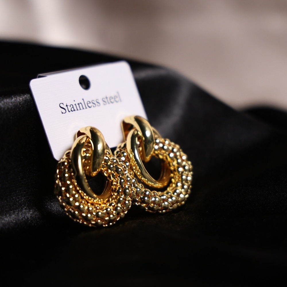 Gold Stainless Steel Textured Beaded Door Knocker Hoop Earrings JW053 - Picture 2 of 4